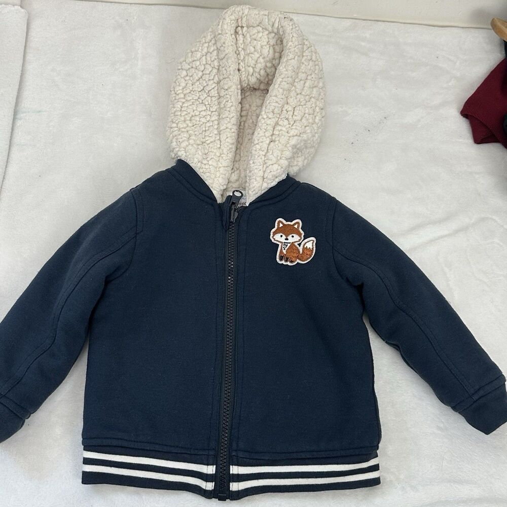 Robeez Toddler Jacket 18M Navy Sherpa Lined Fox Hooded Zip Cozy Walking Outdoors